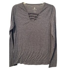 FREE 2 B Size Small Long Sleeve Women Activewear Macrame V-Neck Yoga Soft Gray